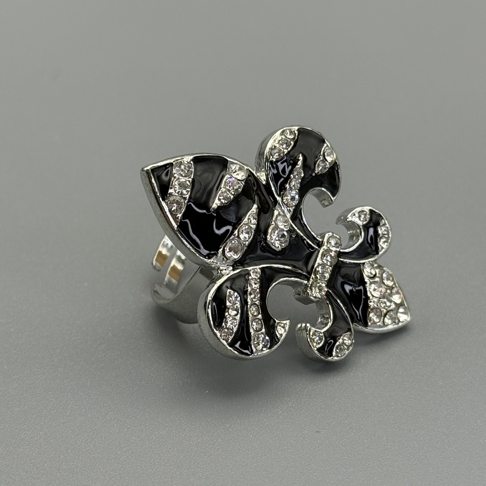 Unbranded Fleur-de-lis Statement Ring Unisex 8-9 Silver Black Excellent Enamel
